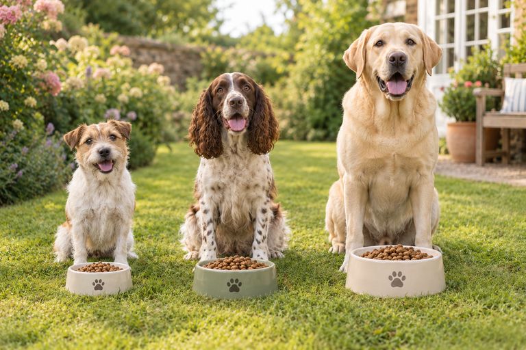 A terrier, a spaniel and a Labrador sitting behind their food bowls