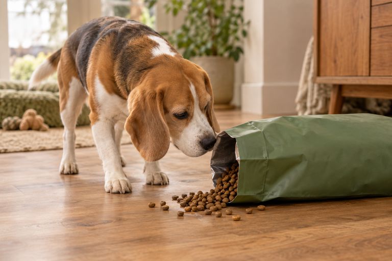 A beagle sniffing an open bag of dry dog food