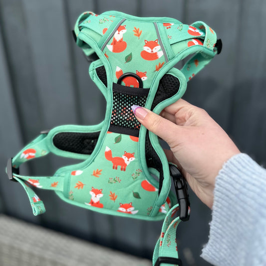 Inquisitive Fox No Pull Tactical Dog Harness – Green Fox Print, Adjustable, Step-In (XS-XL)