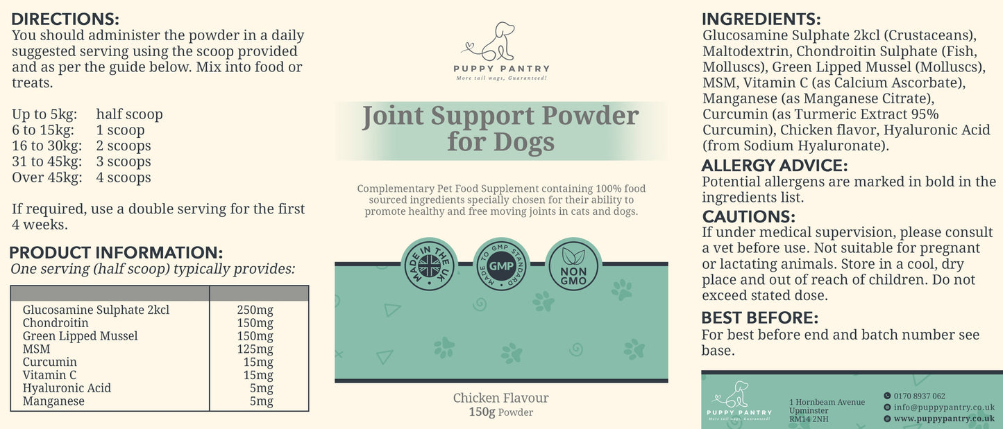 Joint Support Powder for Dogs - Glucosamine, Chondroitin, MSM Powder for Mobility & Comfort - All Ages - 150g Chicken Flavour