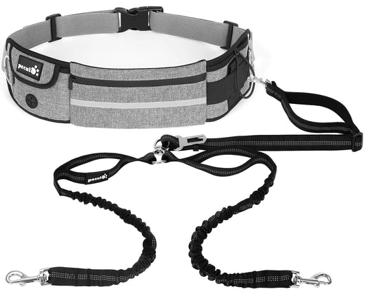 Pecute Hands Free Dog Leash 2 Dogs Waist Belt Fanny Pack with Soft Padded Dual Dog Leash with Pouch 3 Padded Handles Durable Bungee Double Dog Leash for Running Walking Hiking Jogging Biking