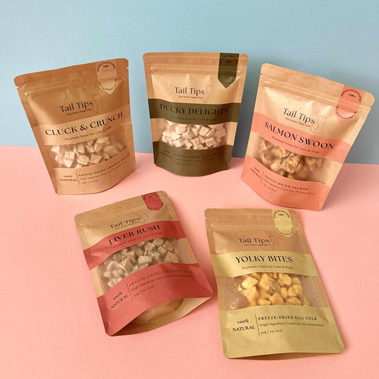 Tail Tips Taster Pack- Salmon, Duck, Chicken, Chicken Liver & Egg Yolk