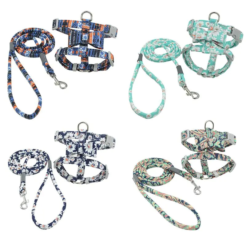 Pet Harness Set with Floral Leash and Escape Proof Design