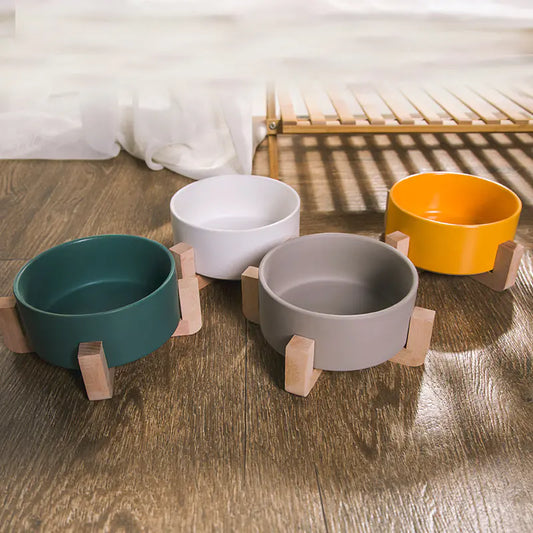 Ceramic Pet Bowl with Wooden Stand and Noodle Bowl